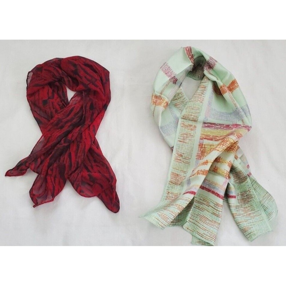 2 Vintage Scarves Rectangle Designer Collection Pure Silk Pale Green Red Black
